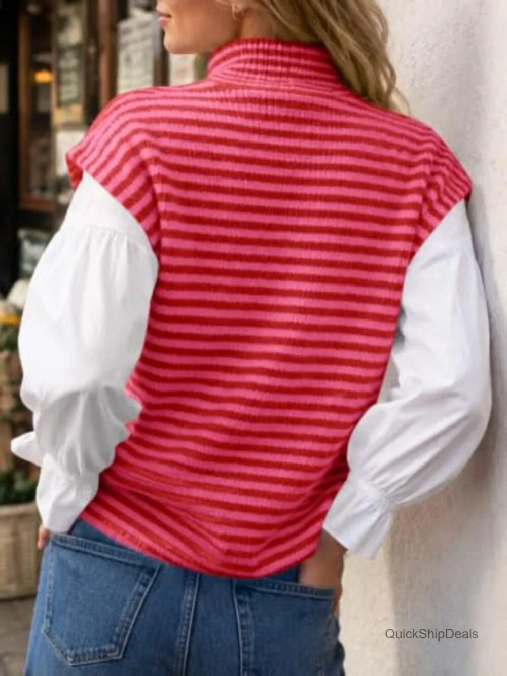 Women's Striped Zip-Up Sweater Vest Sleeveless Knit Cardigan